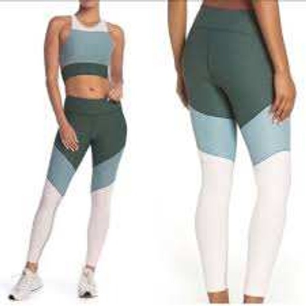 Outdoor Voices TechSweat Colorblock Crop Tank and Leggings Set Green Blue Small